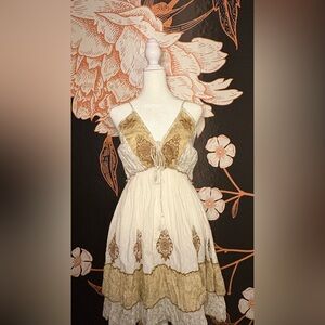 Papa Pia Ivory and Beige Tiered Embroidered Mini Dress